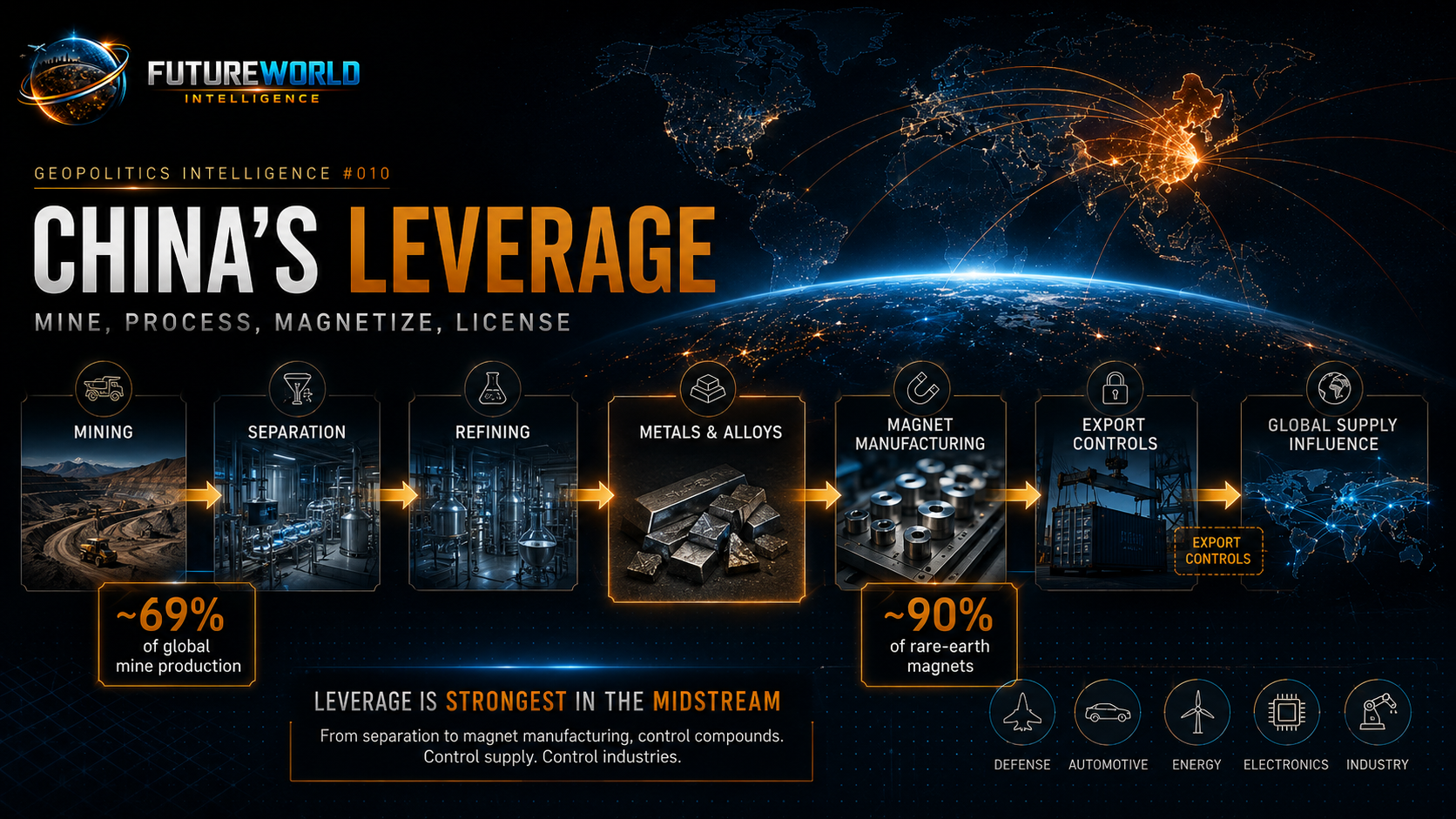 China’s leverage comes from an integrated chain: mine, process, refine, magnetize, license and influence global supply.