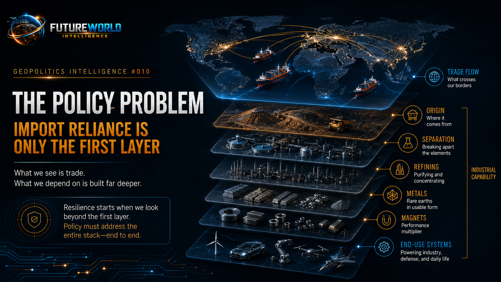 Import reliance is only the first layer; origin, processing, refining, magnets and end-use systems determine real capability.