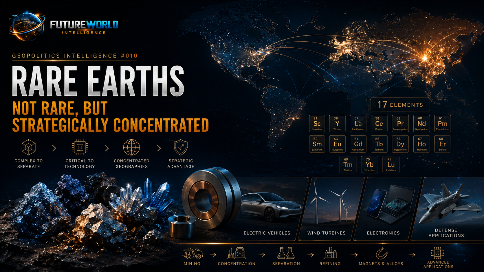 Rare earths are not rare in the simple geological sense; they are strategically concentrated in processing and high-performance systems.