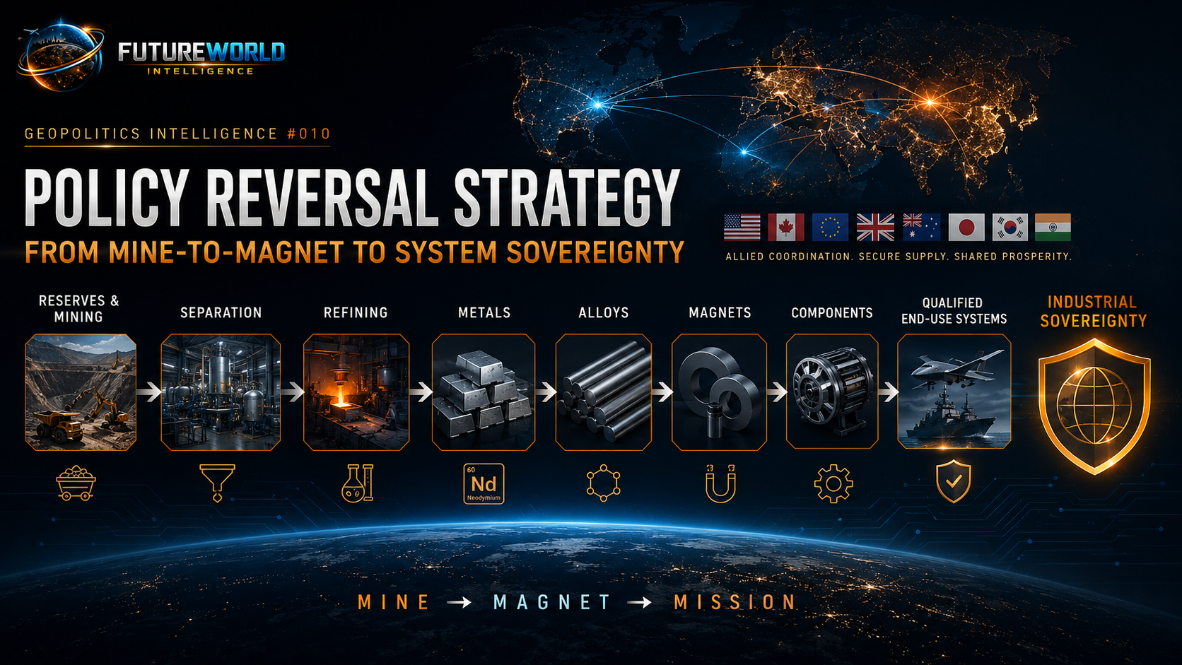 Policy reversal requires allied mine-to-magnet capacity: mining, separation, refining, metals, alloys, magnets and qualified systems.