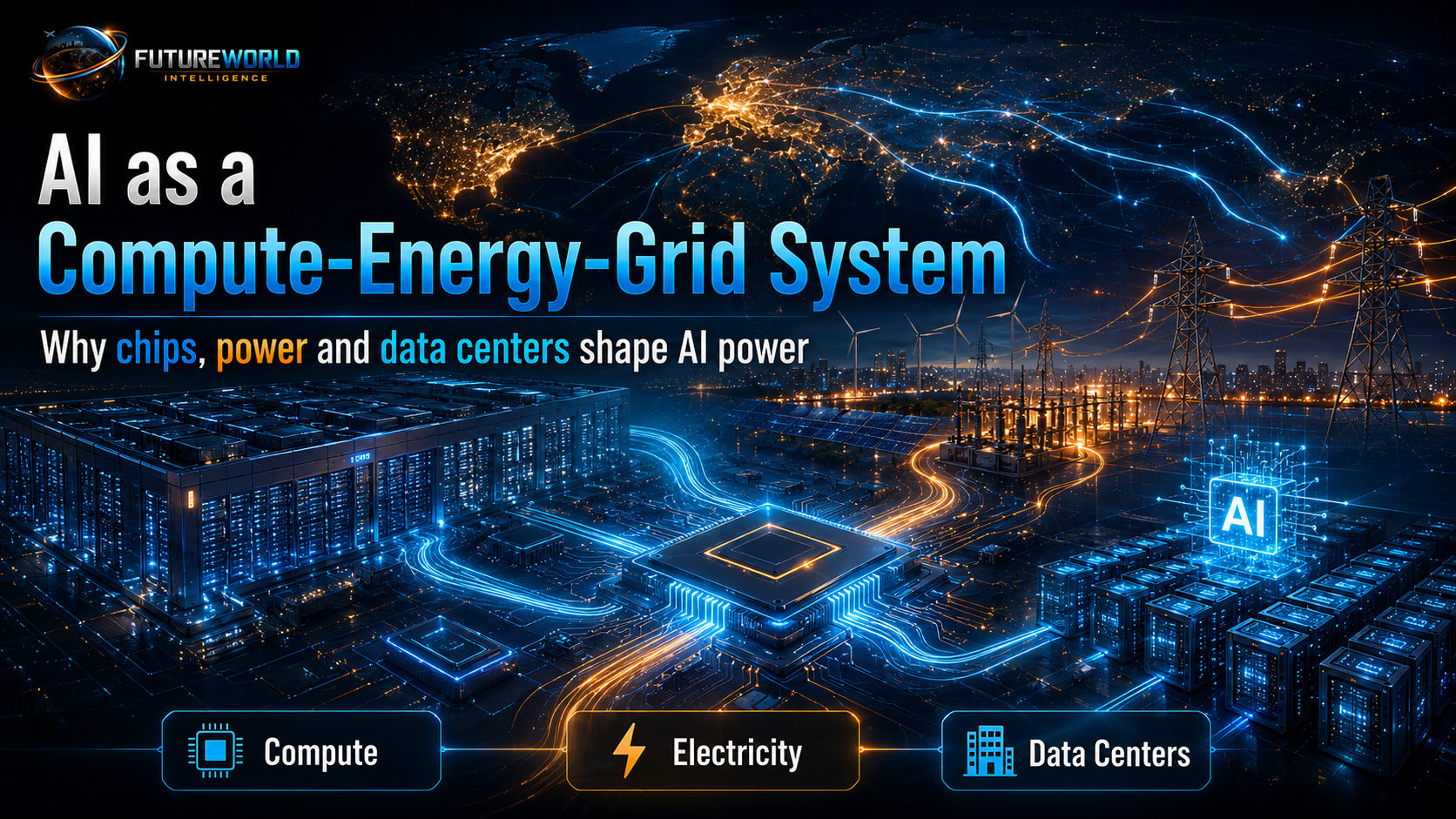 AI as a physical infrastructure system: compute, electricity, data centres, chips, cloud networks and grid expansion.