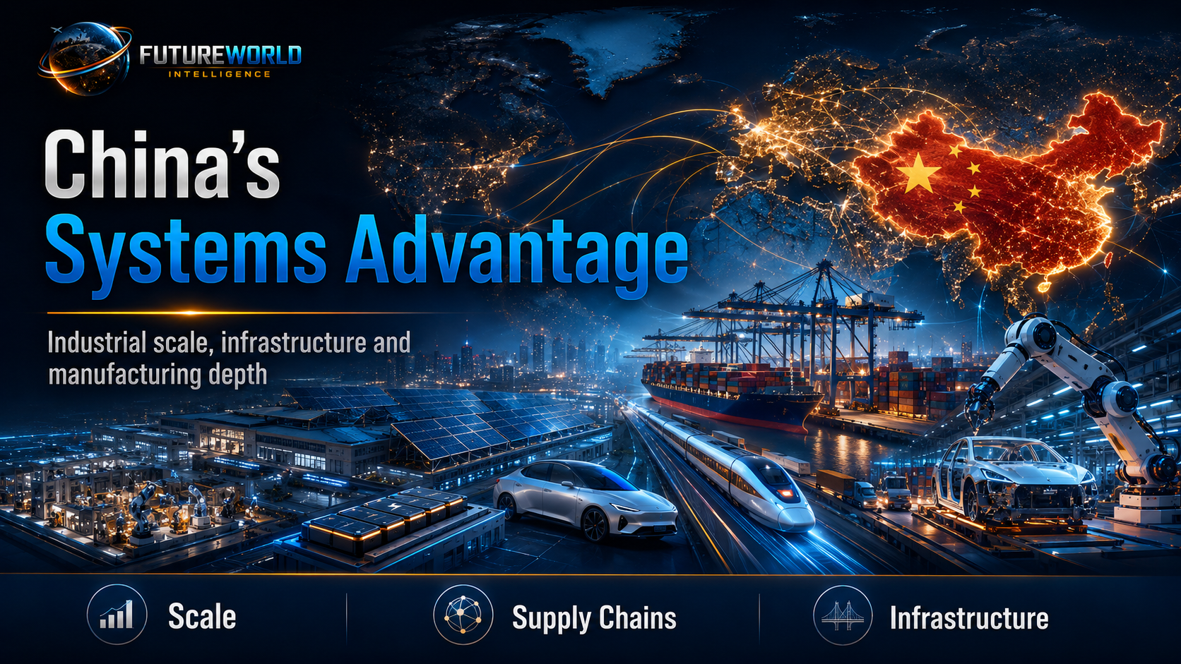 China’s systems advantage: industrial scale, infrastructure, manufacturing depth, EVs, batteries, solar, robotics, ports and logistics.