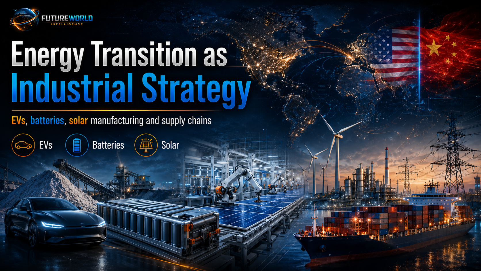 Energy transition as industrial strategy: EVs, batteries, solar manufacturing, grids, ports and supply chains.
