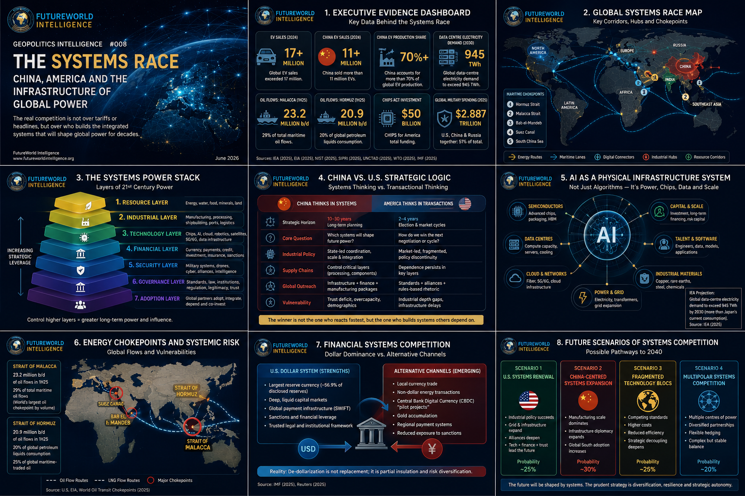Executive Evidence Dashboard and visual matrix summarizing data, global systems race map, power stack, China-U.S. strategic logic, AI infrastructure, chokepoints, financial systems and scenarios.