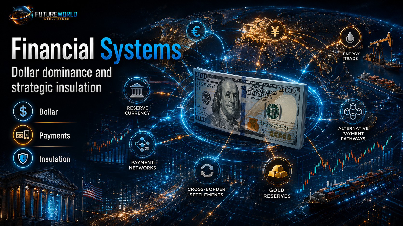 Financial systems competition: dollar dominance, payments, reserve currency power, cross-border settlements, gold reserves and alternative channels.