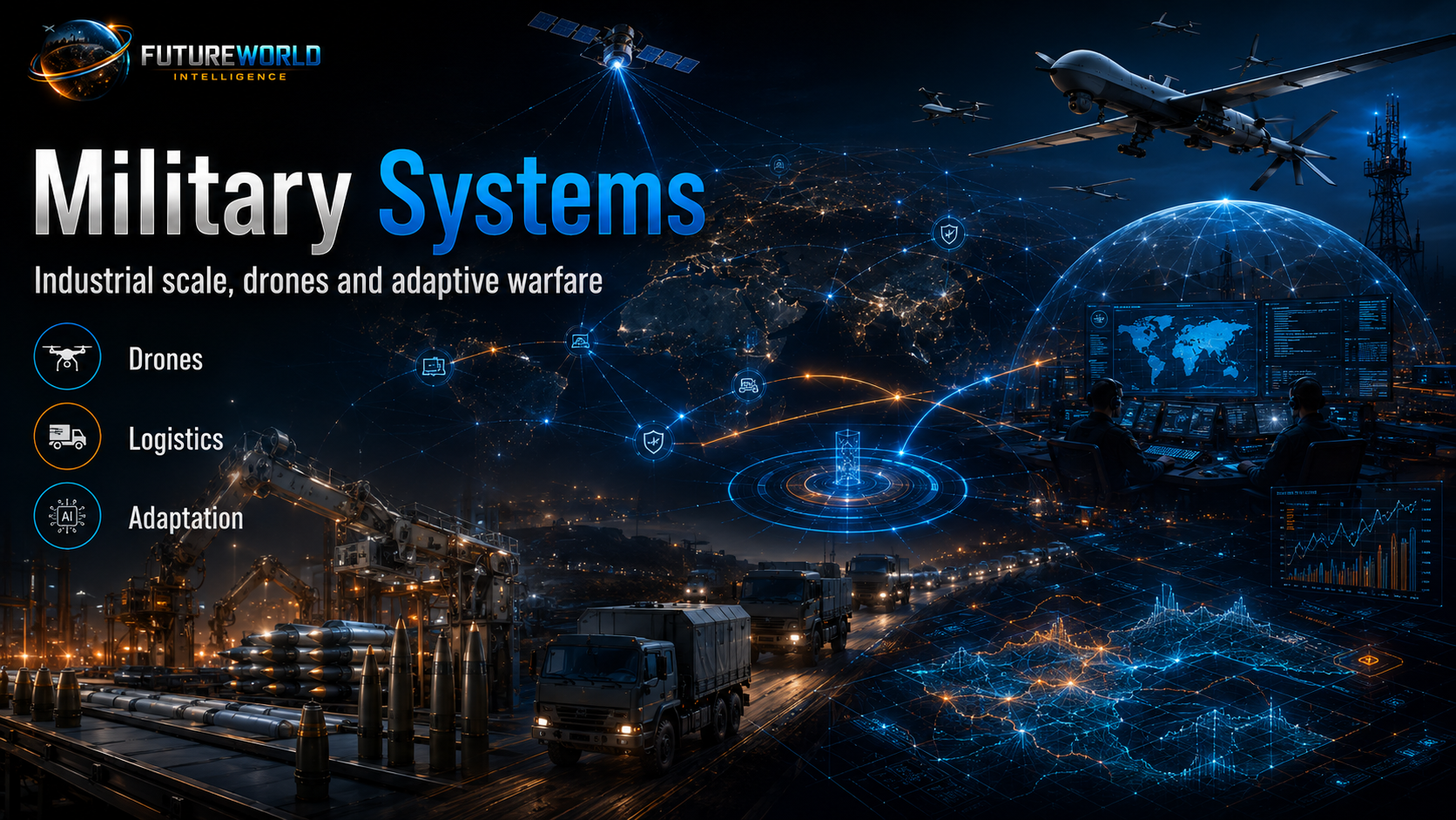 Military systems competition: industrial scale, drones, logistics, satellites, command networks and adaptive warfare.