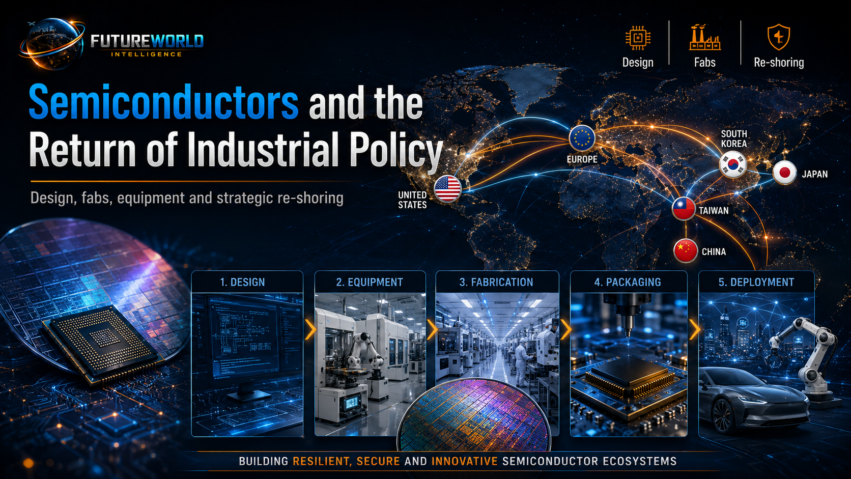 Semiconductors and the return of industrial policy: design, fabrication, equipment, packaging, deployment and strategic re-shoring.